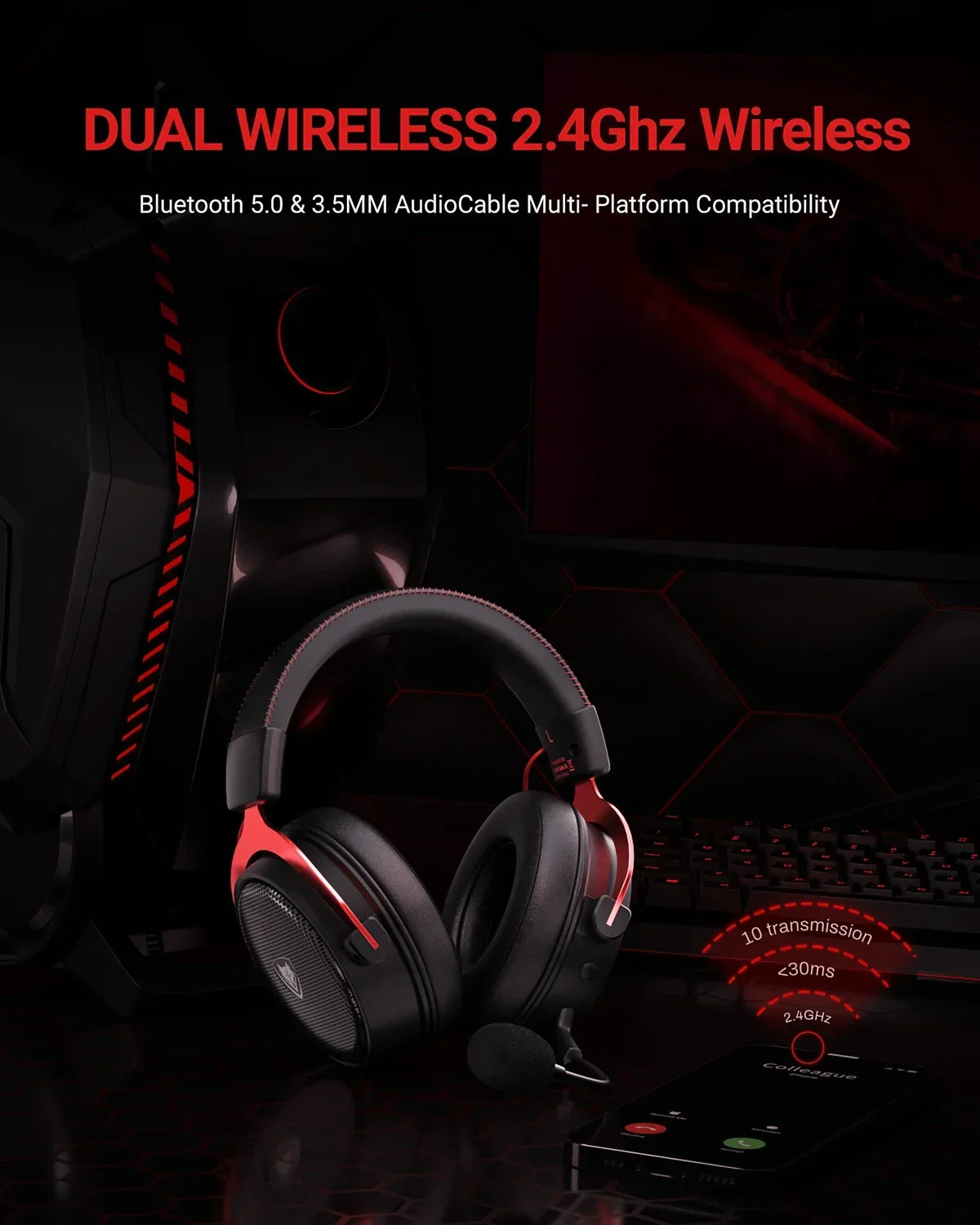 NUBWO G07 Wireless Gaming Headset for PC, PS4, PS Gaming Headphones with Fixed Mic 2.4GHz Ultra-Low Latency Noise Cancelling MIC