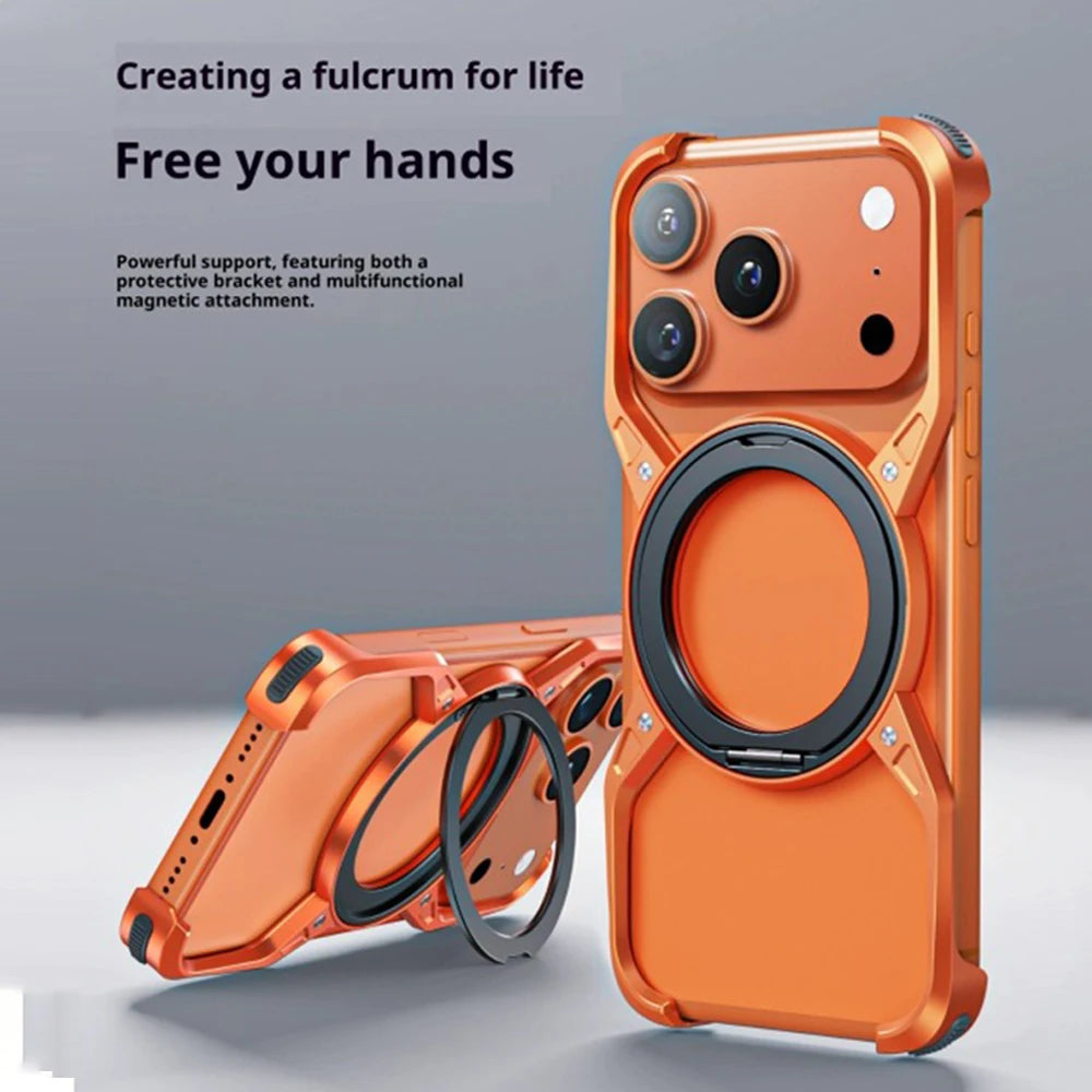 For iPhone 17 Pro Max 17Pro For MagSafe Orange Aluminum Alloy Magnetic Stand Phone Case Removable  Metal Rimless Bumper Cover
