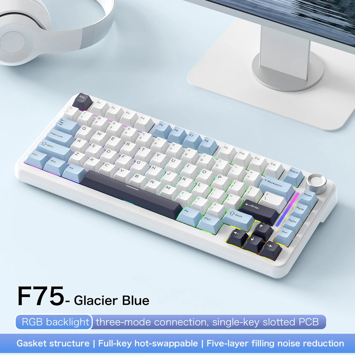 75% Hot Swap Gaming Keyboard Wireless FREEWOL F75 RGB Mechanical Keyboard with Metal Knobs AULA F75 Same Model,Tri-Mode,4000 mAh