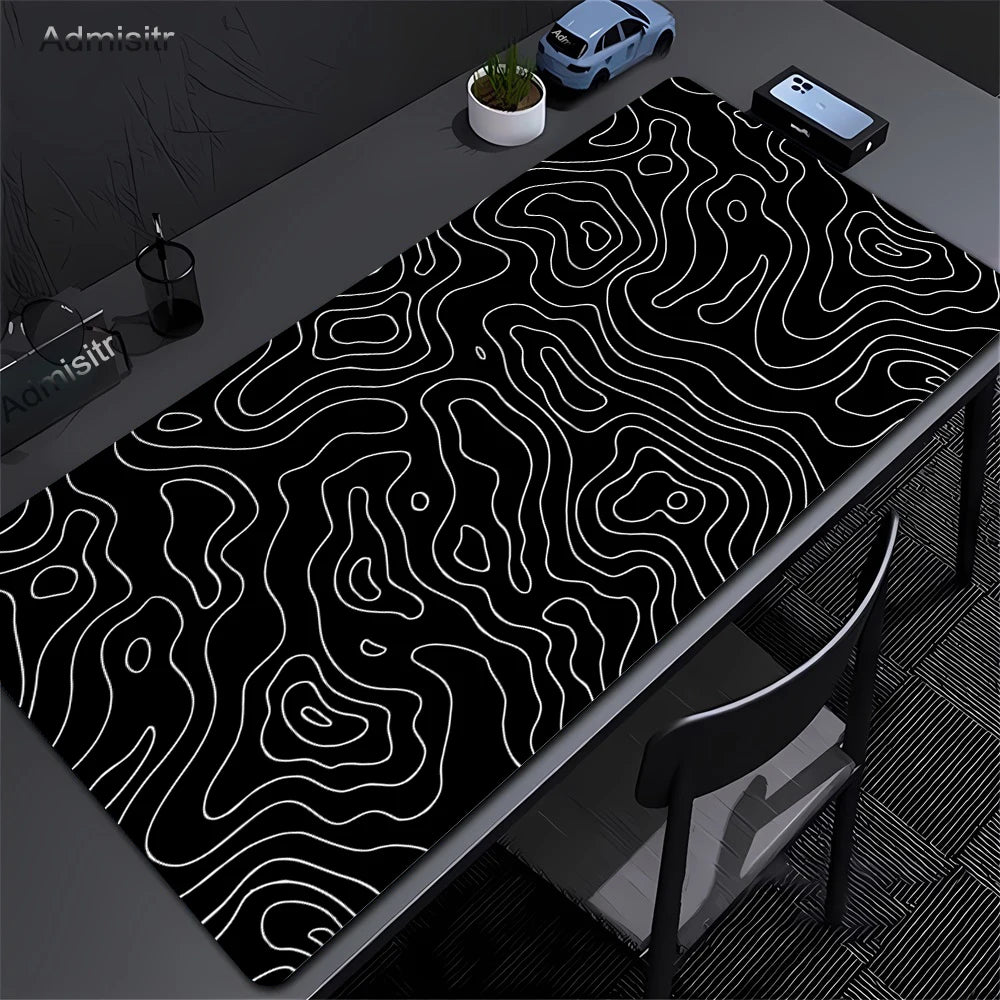 Black White Strata Abstract Design Gaming Mouse Pad Non-Slip Lock Stitched Edge Large Office Desk Mat for Computer and Keyboard