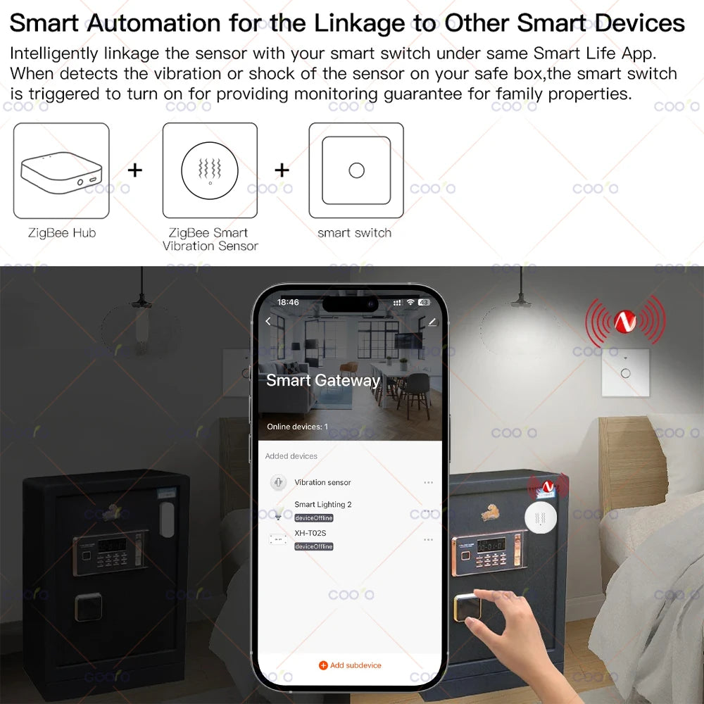 Tuya Zigbee Smart Vibration Sensor Door Window Glass Broken Detector Anti-theft Shock Alarm work with Smart Life App Need Hub