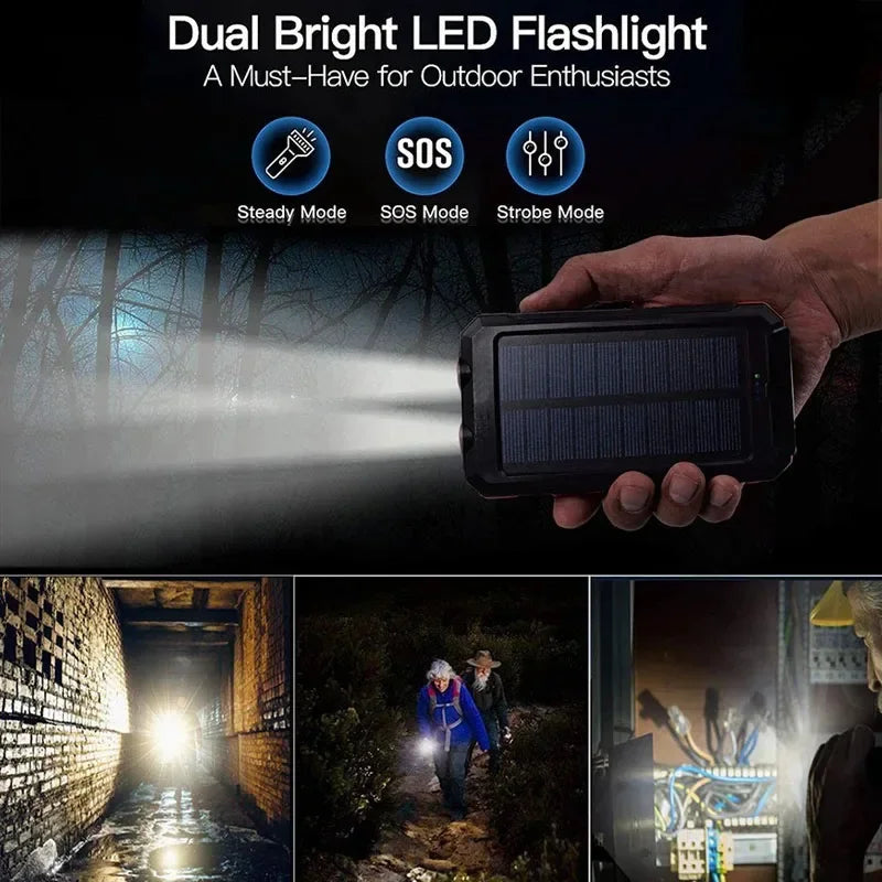 Solar Power Bank 200000mAh Waterproof Portable Solar Panel Powerbank External Battery Charger Powerbank with LED Camping Light