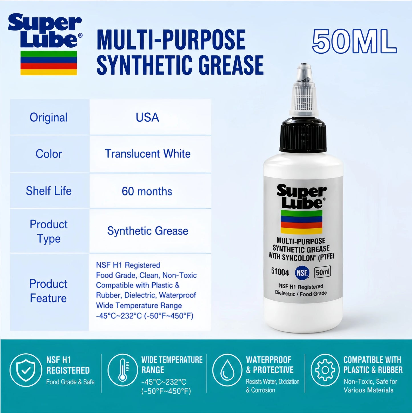 Super Lube 51004 Synthetic Oil ISO 100 NSF H1 Food Grade Lubricant Oil for Keyboard Switch Gear Bearing Plastic Safe 20ml 50ml