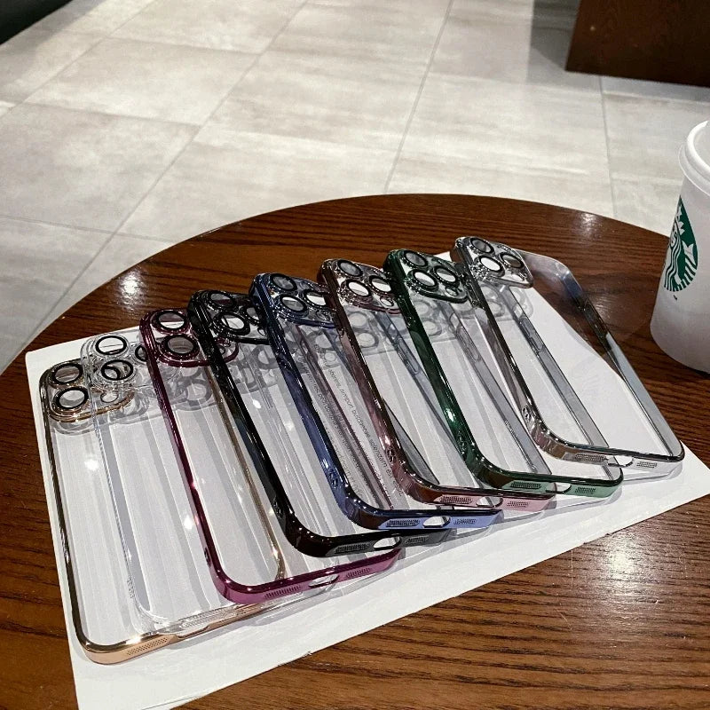 Luxury Plating Clear Silicone Phone Case For iPhone 16 15 14 13 12 11 Pro Max Plus X XR XS Mini Lens Protection Case Back Cover