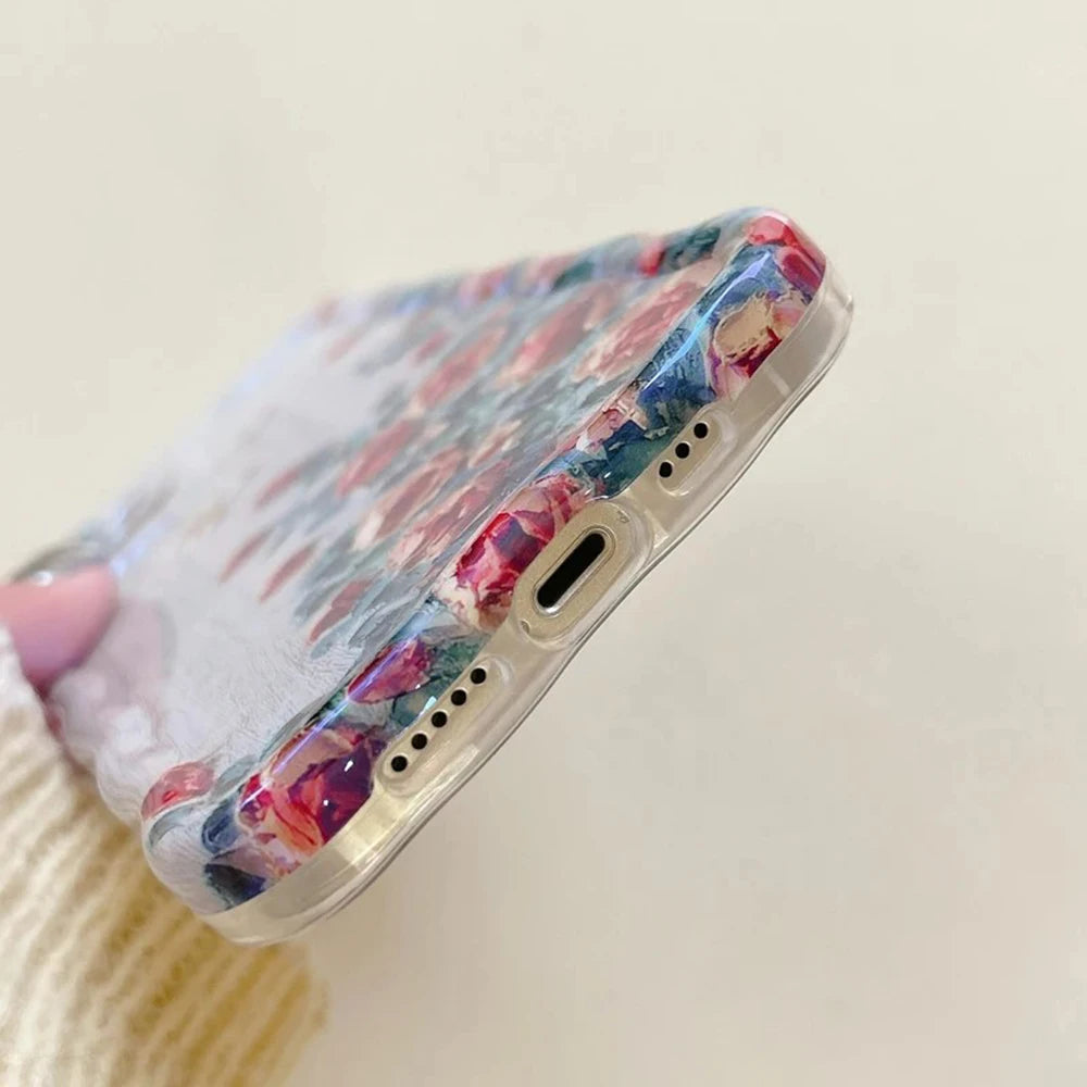 Retro Oil Painting Phone Case For iPhone 13 14 15 16 ProMax 12 11 Luxury Flower Print Shockproof Silicone Cover Artistic Decor