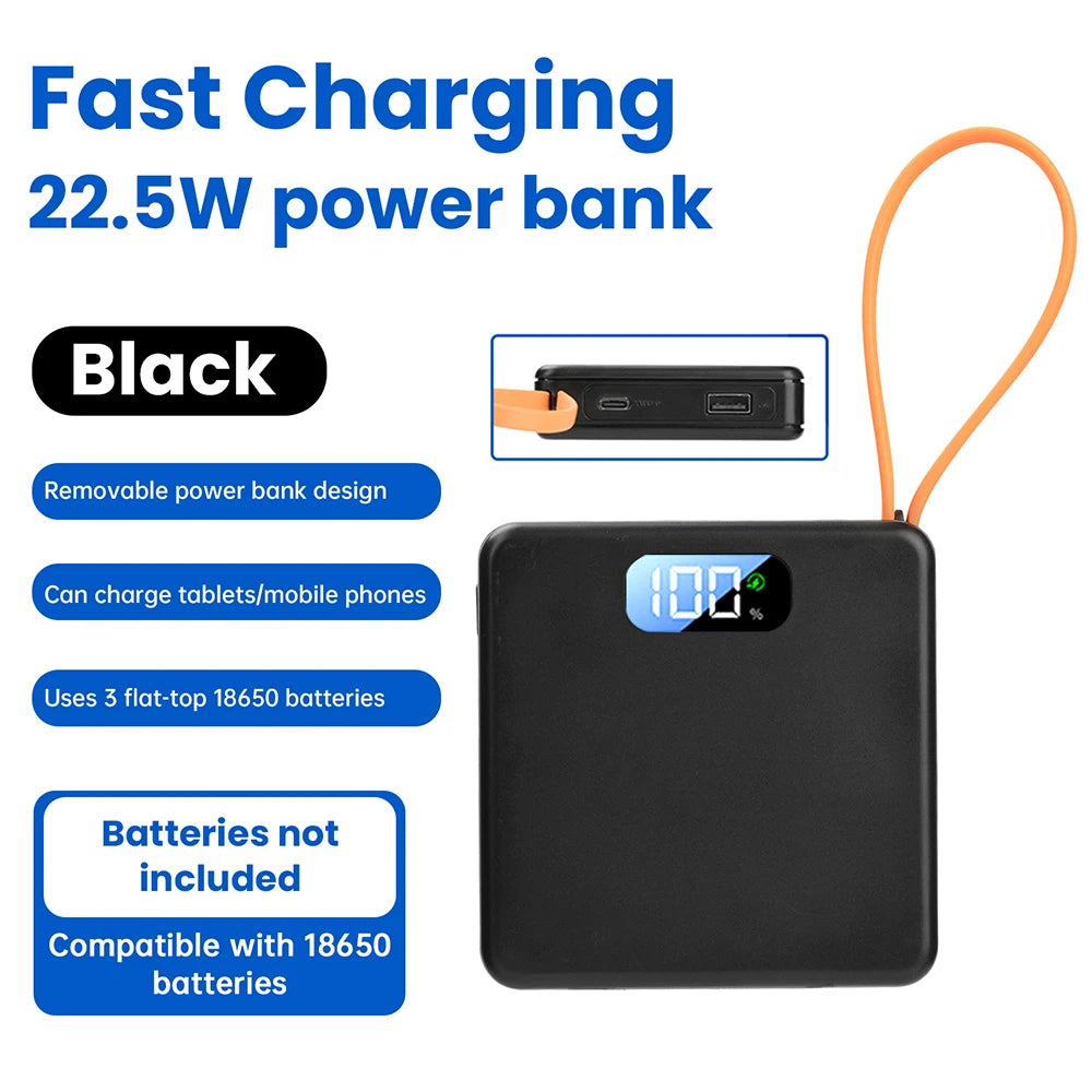 DIY Power Bank 18650 Removable Weld-Free Portable Battery Bank 22.5W Fast Charging 10000mAh Rechargeable Module with LCD Display
