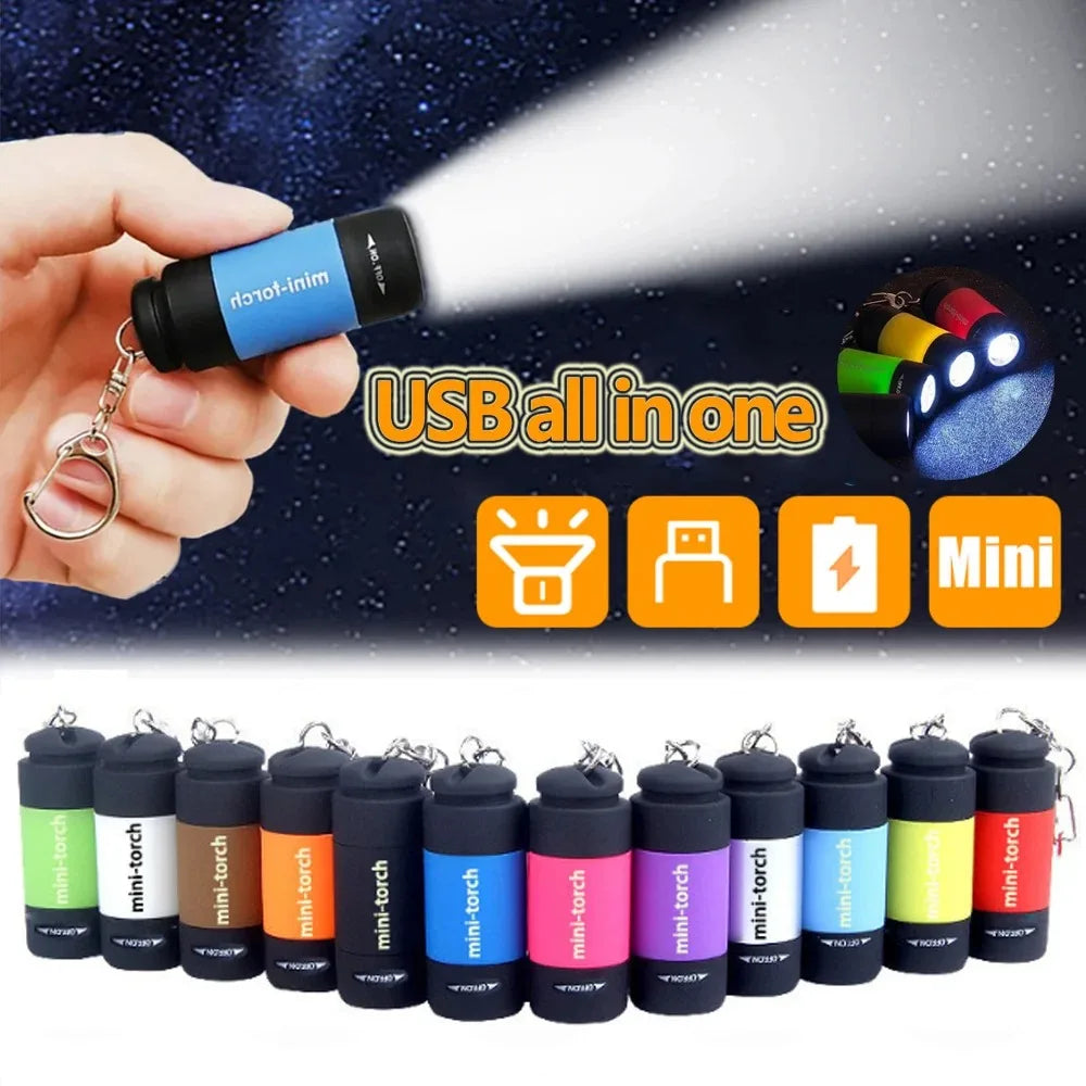 USB Rechargeable LED Pocket Keychain Flashlight Multifunctional Strong Light Waterproof for Outdoor Hiking Camping Mini