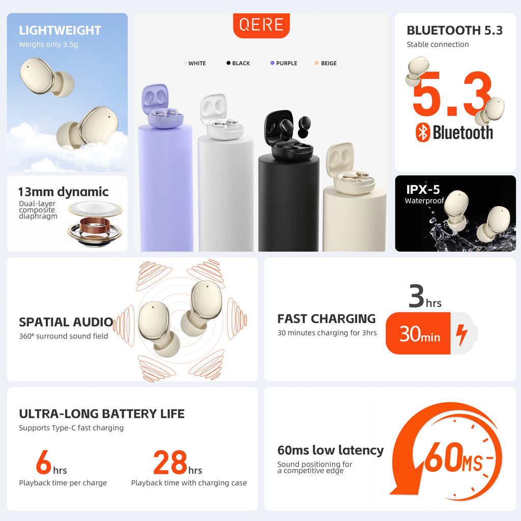 Wireless Headphones,QERE E30,NEW TWS Bluetooth 5.3,HD Microphone,HIFI Earphones,13mm Driver,Low Latency gaming waterproof Earbud