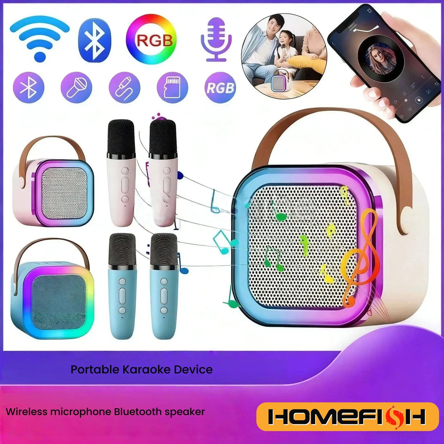 HOMEFISH K12 Karaoke Machine Portable 5.3 PA Speaker System with 1-2 Wireless Microphones Home Family Singing Children's Gifts