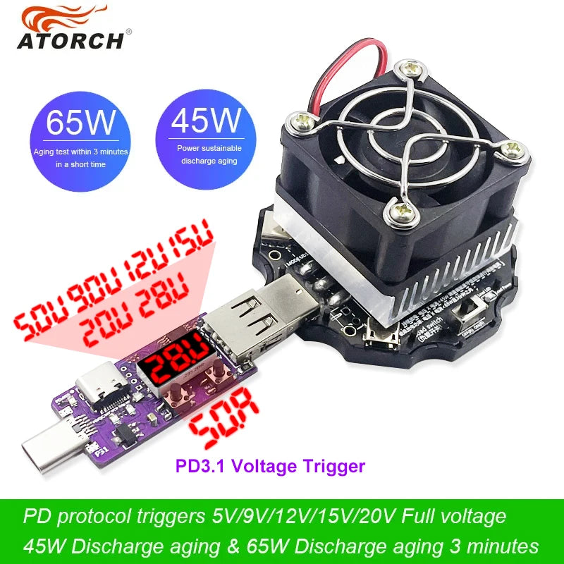 65W Electronic Load USB Tester DC5-24V Type-C Voltmeter Tester With PD3.1 Voltage Trigger Charger Power Bank Capacity Detector