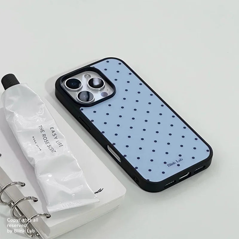 INS Korea Trendy Niche Polka Dot Blue Phone Case For iPhone 17 Air 16 15 14 12 13 11Pro Max Mini Plus Anti Drop Protective Cover