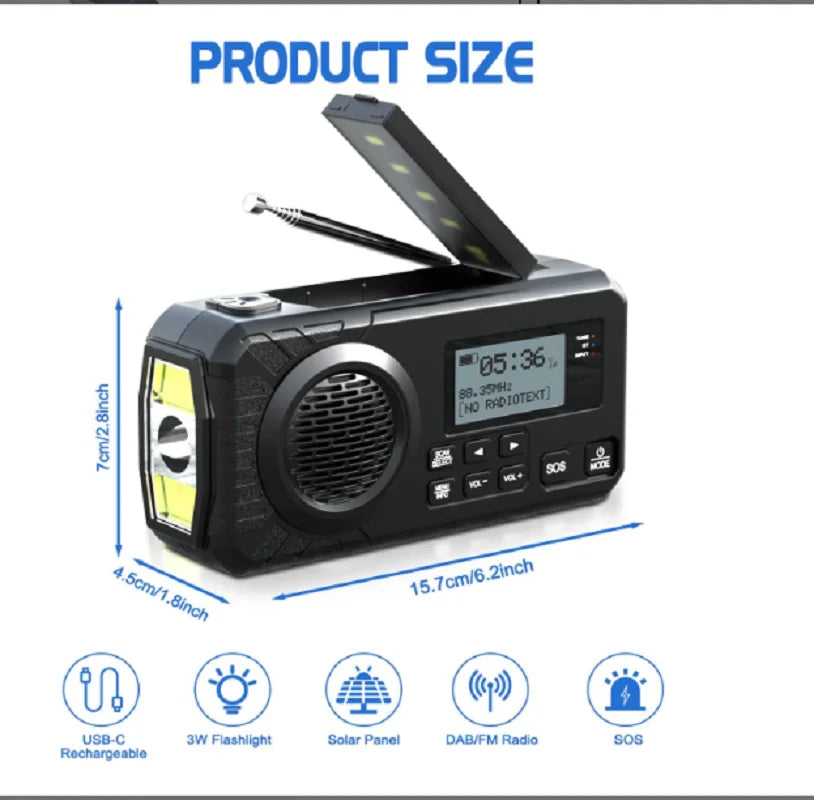DAB  Portable Hand Crank Radio Emergency Radio Solar  Emergency Radio with BT FM SOS Alarm 5000 mAh  Power Bank and reading lamp