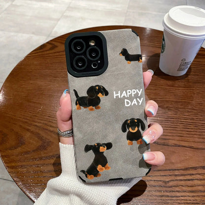 Cute Happy Dog Silicone Leather Phone Case For iPhone 14 12 11 13 15 Pro Max Mini 16 Plus 17 ProMax Air Soft Shockproof Cover