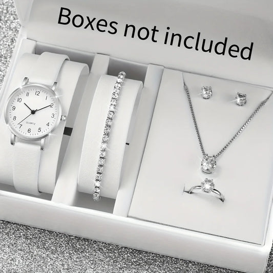 5/6PCS Fashion Women's Quartz Watch Leather Band Analog Quartz Watches with Diamond Jewelry (Without Box)