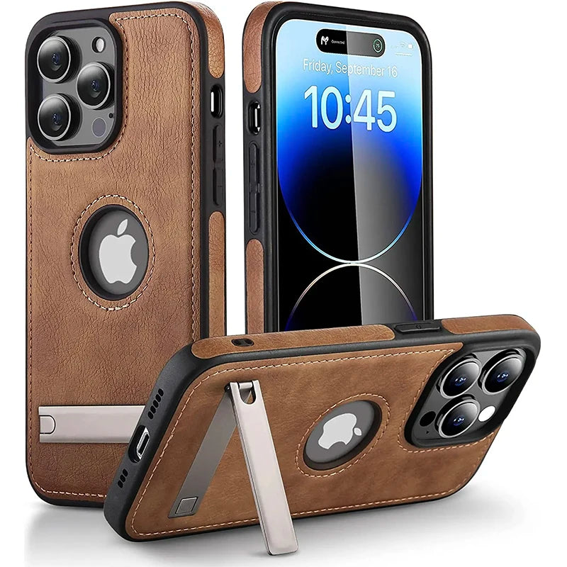 Luxury PU Leather Mobile Phone Case for iPhone 16 15 14 Pro Max Plus 13 12 Mini 11 Mobile Cases with Kickstand Slim Back Cover
