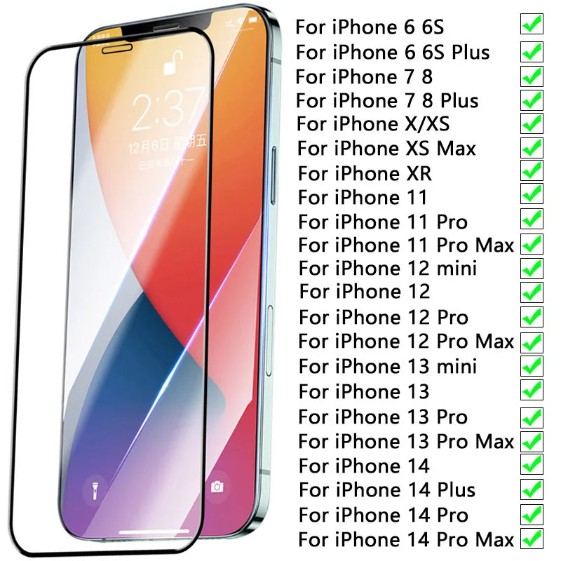 9D Full Cover Tempered Glass For iPhone 14 13 12 11 Pro Max Protective Glass on iPhone XS Max XR 8 7 6S 6 Plus Screen Protector