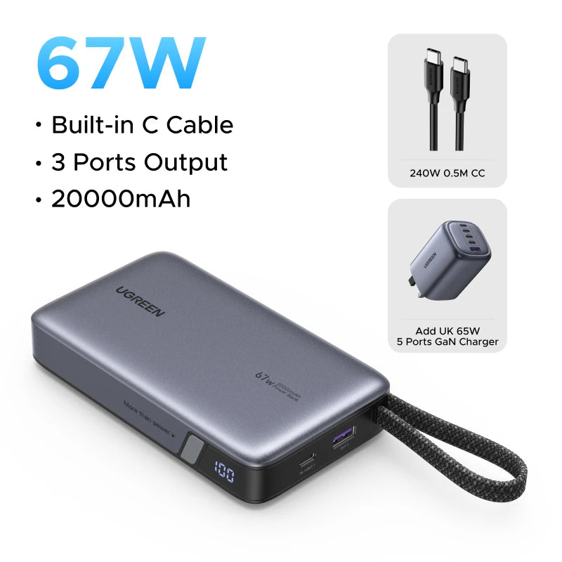 UGREEN 145W Power Bank 20000mah Built-in Type C Cable PD3.0 100W Portable Laptop Charger External Battery