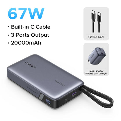 UGREEN 145W Power Bank 20000mah Built-in Type C Cable PD3.0 100W Portable Laptop Charger External Battery