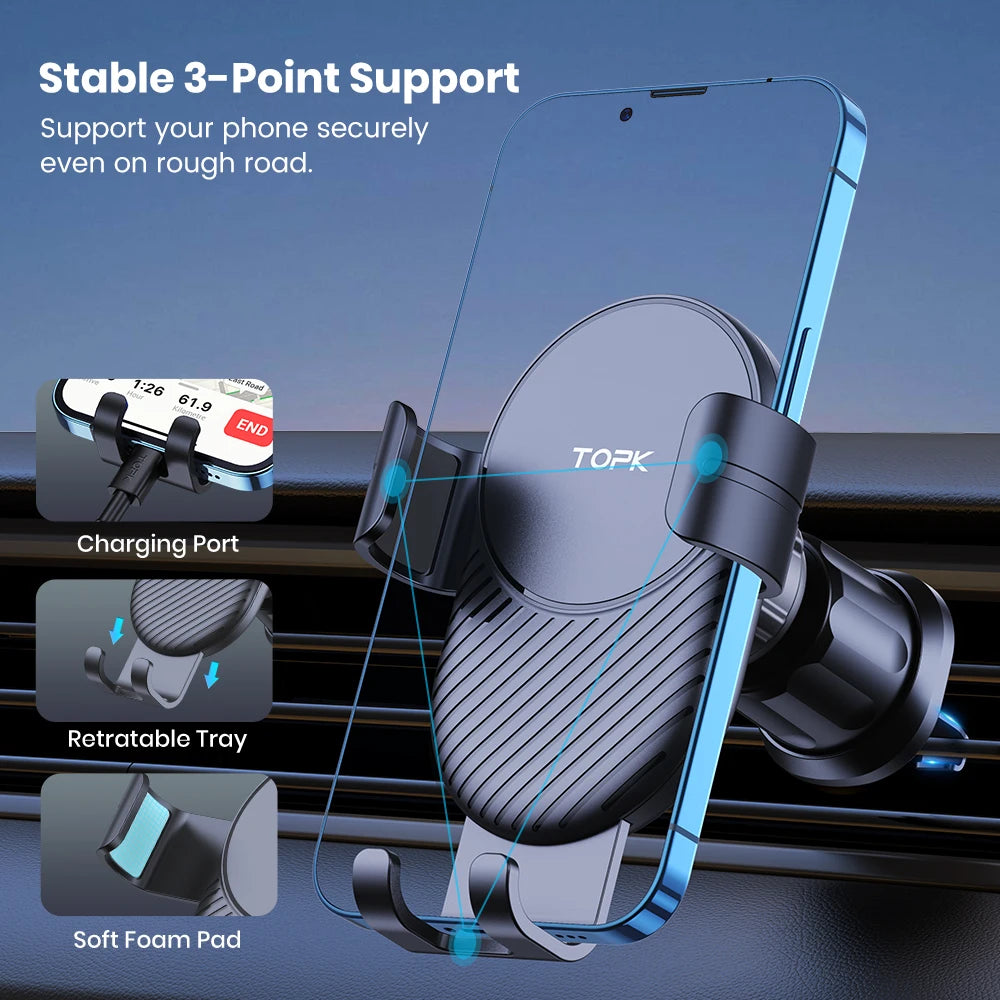 TOPK Car Phone Holder for Car Vent, Adjustable Metal Hook Cell Phone Holder with Gravity Sensor For Car Air Vent for All Phones