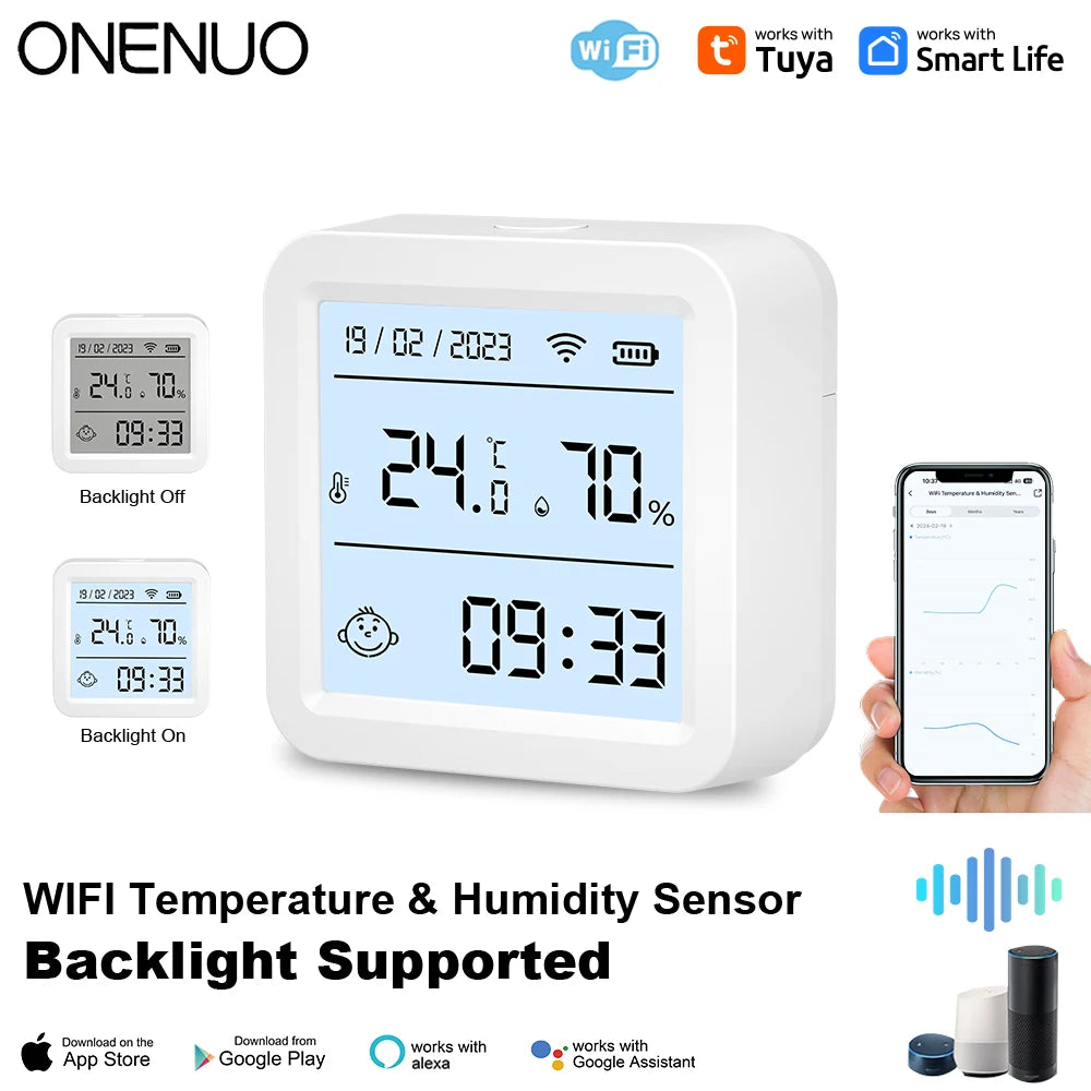 ONENUO Smart WIFI Temperature Humidity Sensor Hygrometer Thermometer Tuya Smart  APP Remote Moniter Support Alexa Assistant