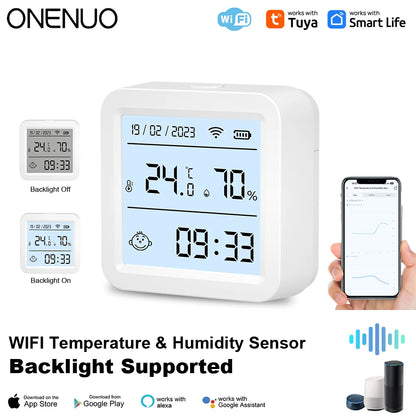 ONENUO Smart WIFI Temperature Humidity Sensor Hygrometer Thermometer Tuya Smart  APP Remote Moniter Support Alexa Assistant