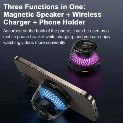 2 in 1 Bluetooth Speaket Magnetic Wireless Charger Phone Holder for Magsafe iPhone 17~12 RGB Music Rhythm Player Mini Sound Box
