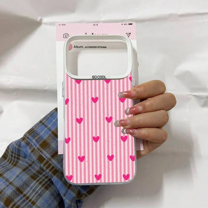 Simple Cute Pink White Plaid Love Heart Phone Case For iPhone 17 Air 16 Pro MAX 14 Plus 15 13 11 12Mini Stripes Design IMD Cover