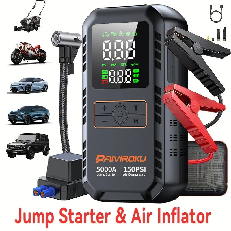 4-IN-1 Car Jump Starter with Air Compressor Peak 5000A Auto Battery Booster 150PSI Air Pump Portable Power Bank Tire Inflator