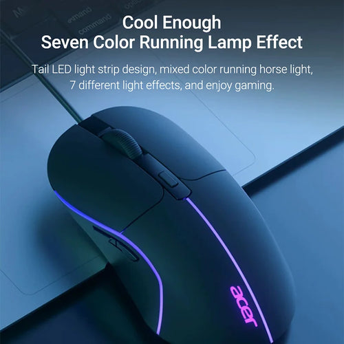 Acer USB Wired Mouse 6 Keys 3200DPI Optical Colorful Breathing Light Competitive Game Office Mouse for Notebook Laptop Computer