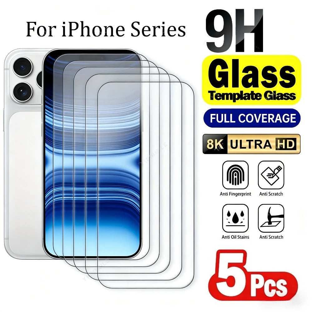 5Pcs Ultra Clear Tempered Glass for iPhone 17 16 15 14 Pro Max Air 15 16 Plus Screen Protector for iPhone 13 12 11 Pro XR XS Max