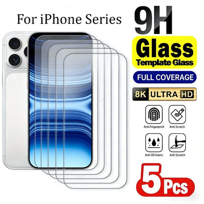 5Pcs Ultra Clear Tempered Glass for iPhone 17 16 15 14 Pro Max Air 15 16 Plus Screen Protector for iPhone 13 12 11 Pro XR XS Max
