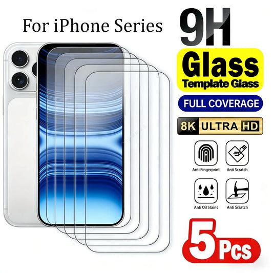 5Pcs Ultra Clear Tempered Glass for iPhone 17 16 15 14 Pro Max Air 15 16 Plus Screen Protector for iPhone 13 12 11 Pro XR XS Max