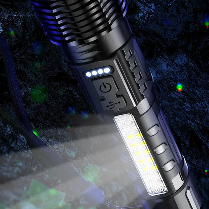 XHP50 20000LM Tactical Flashlight: Zoomable, USB Rechargeable, COB Side Light, Aluminum Alloy, Waterproof, Strike Bezel