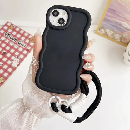 S24FE Cute Pure Color Wave l Hand Strap Case For Samsung S23FE S24 S24U S23 S22S21FE S20FE M55 M54 Bumper Shockproof Cover