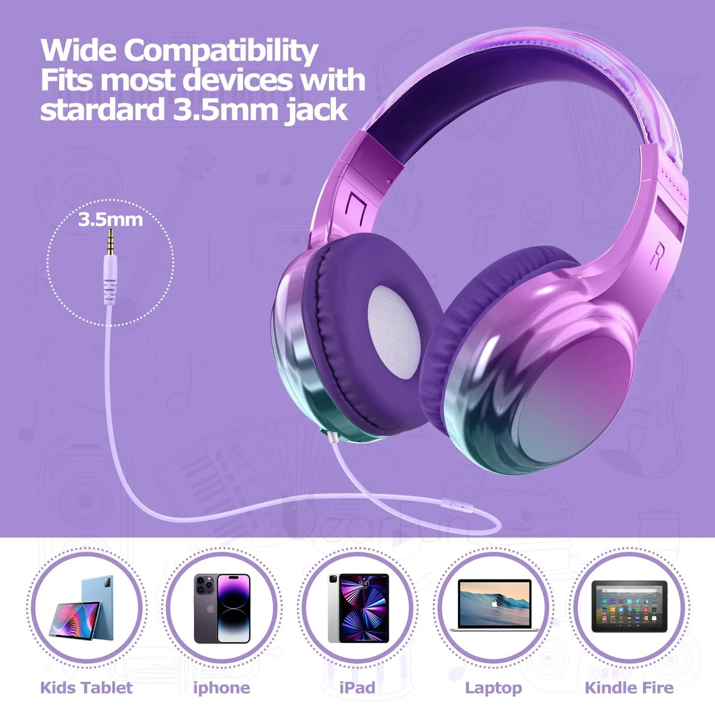 Gradient Cool Kids Headphones Girls Wired Headphones with Mic Adjustable Stereo Children Headphones for School/Travel Kids Gifts