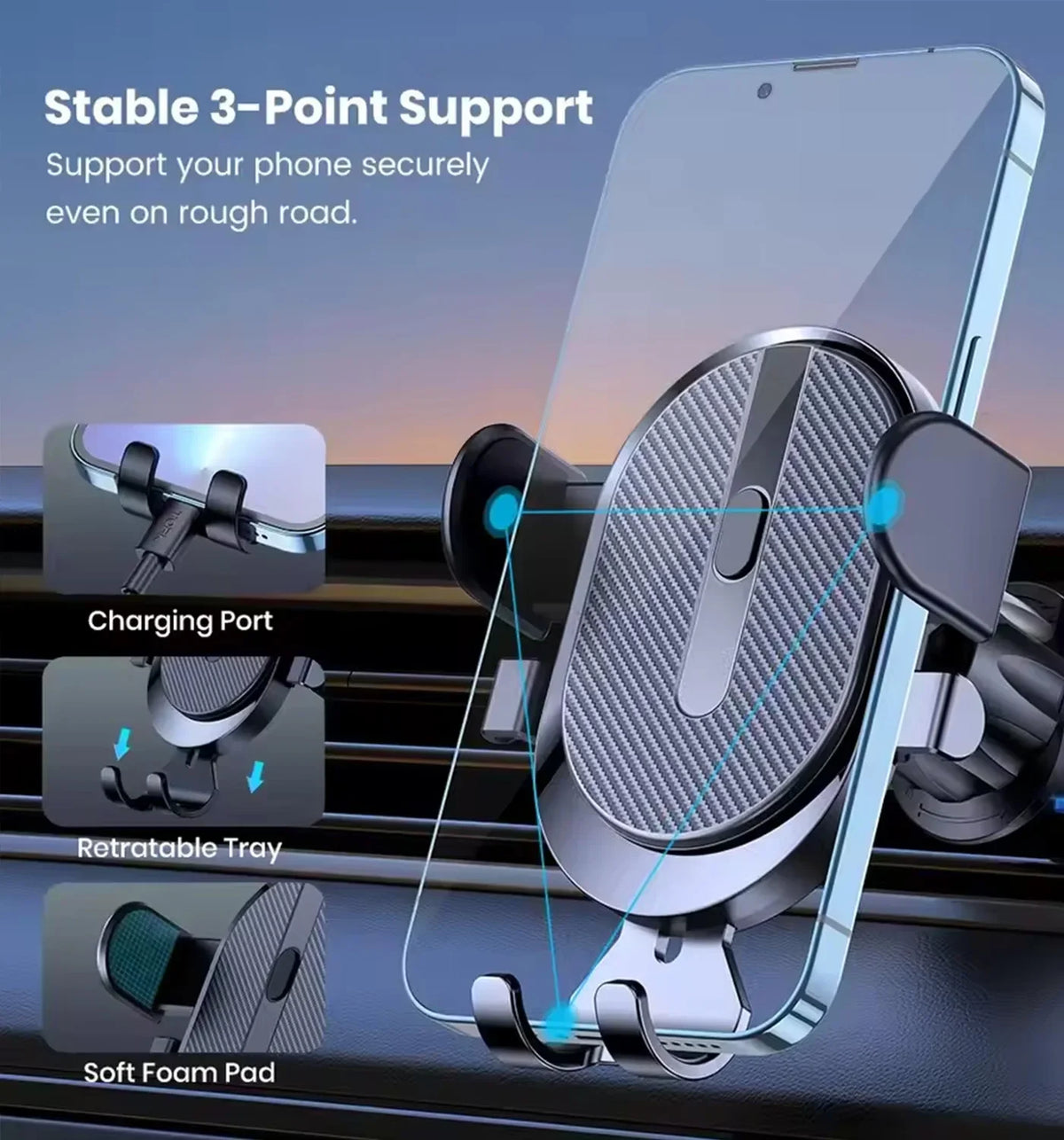 NEW Car Phone Holder Air Outlet Gravity Sensor Triangle Mount Simplicity Design Frosted Surface for Vehicle Dashboard