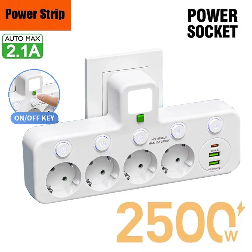 Power Strip EU Plug AC Outlets Multitap Socket Extension Cord Electrical With USB Type C PD Fast Charging Network Filter Adapter