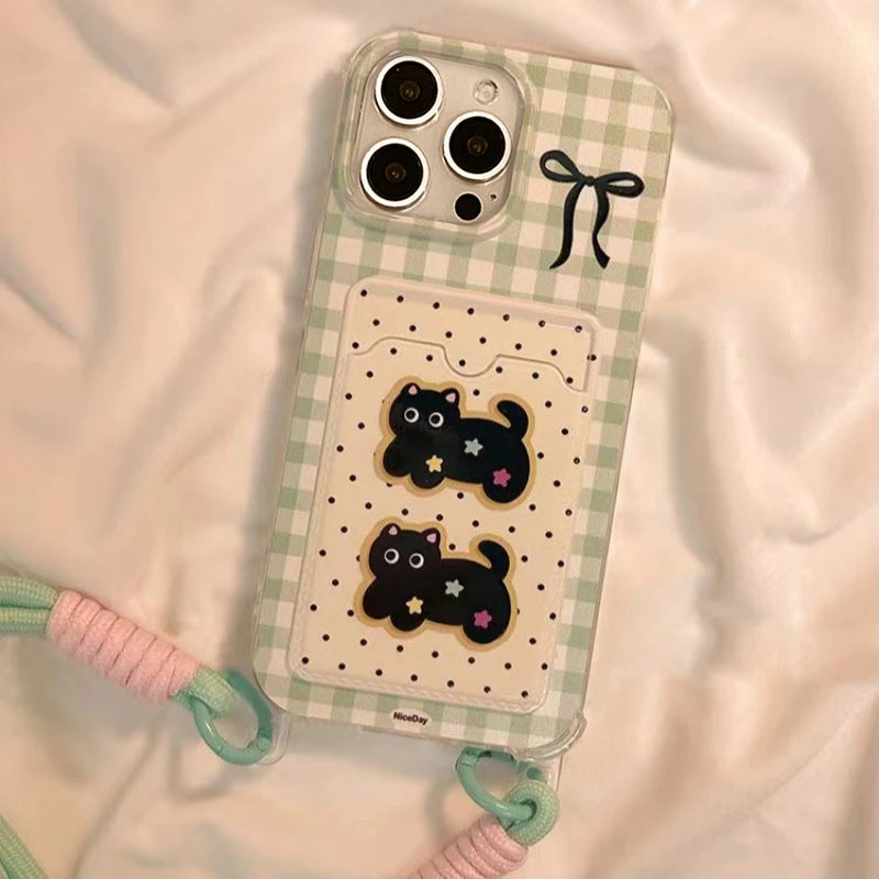 Card bag with transparent grid ripple points, two cat phone cases with hanging ropes for iPhone 11 12 13 4 15 16 promax