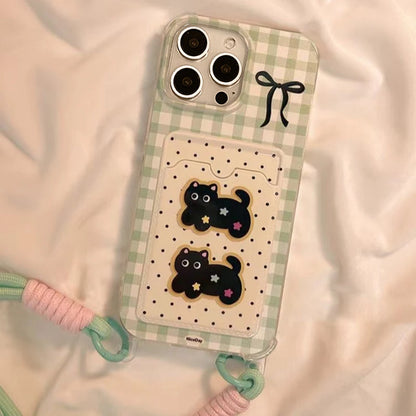 Card bag with transparent grid ripple points, two cat phone cases with hanging ropes for iPhone 11 12 13 4 15 16 promax
