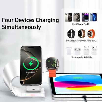 Qi 15W Magnetic Wireless Charger 4 in 1 Metal Shell 15W Fast Charging Station Stand for iPhone 12-17 Mobile Phones Airpods Watch