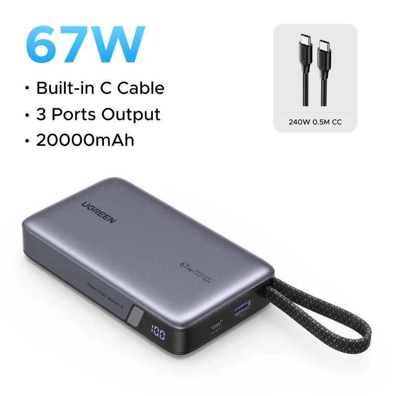 UGREEN 145W Power Bank 20000mah Built-in Type C Cable PD3.0 100W Portable Laptop Charger External Battery