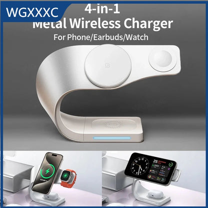 4 in 1 Wireless Charger Metal Shell Magnetic 15W Fast Charging Station Stand with LED Light for iPhone 12-16 17 Mobile Phones