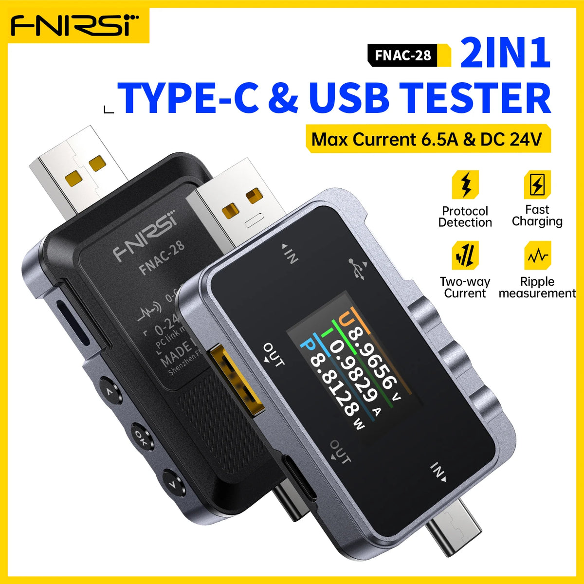 FNIRSI FNAC-28  Type-C USB Tester  2-IN-1 Digital Voltmeter Ammeter Amperimetor Voltage Current Meter Power Bank Charger Measure