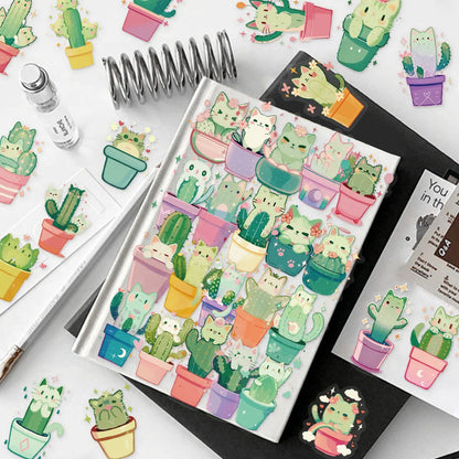 50PCS Cartoon Cute Cat Cactus Fun Sticker Pack DIY Phone Case Laptop Water Bottle Handbag PET Stickers