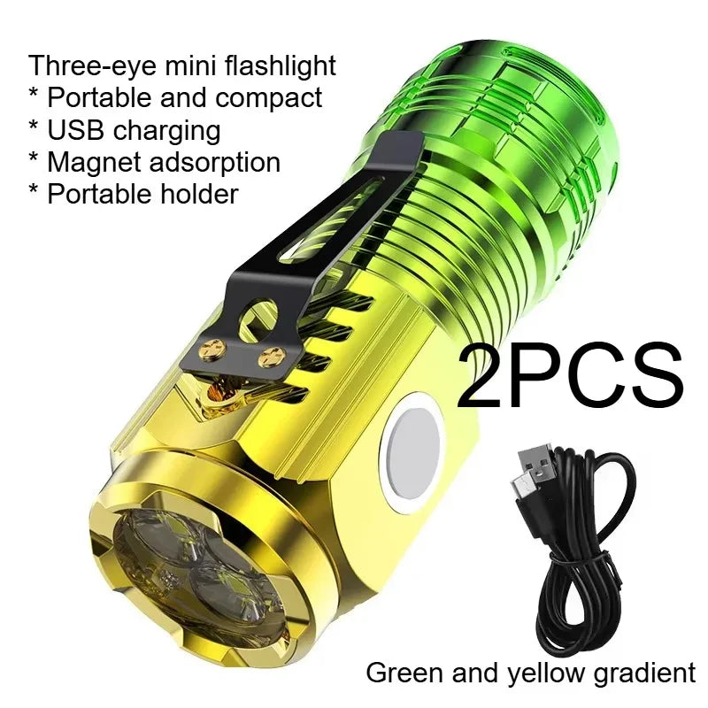 Three-eyed monster LED flashlight, a must-have for night travel, portable, high brightness, strobe lighting