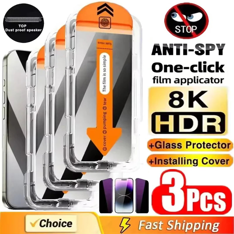 3Pcs Dust Free Installation Privacy Screen Protector for IPhone 16 14 11 12 13 15 Pro Max 7 8 Plus Mini X XR XS Anti-spy Glass