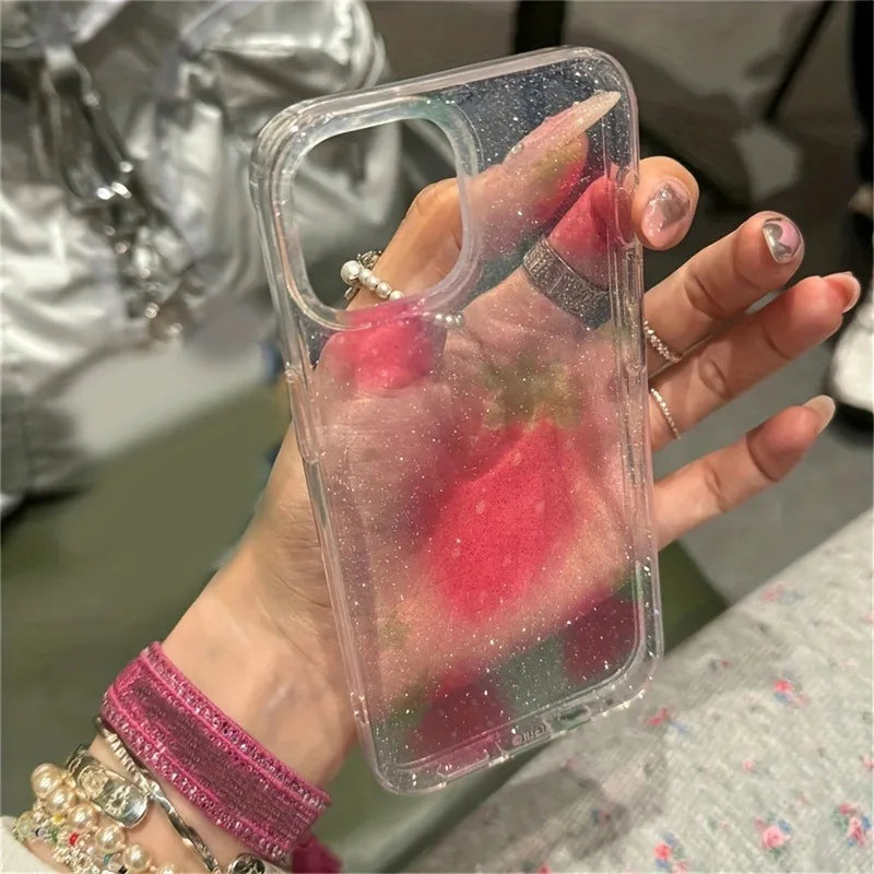 Cute Glitter Strawberry Clear Phone Case For iPhone 17 16 15 14 13 12 11 Pro Max 16E XS X XR 7 8 Plus Lovely Bwoknot Soft Cover