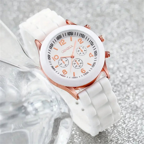 6PCS/Set Women's Watches Casual Silicone Band Analog Quartz Watch Heart Pearls Jewelry Set(Without Box)