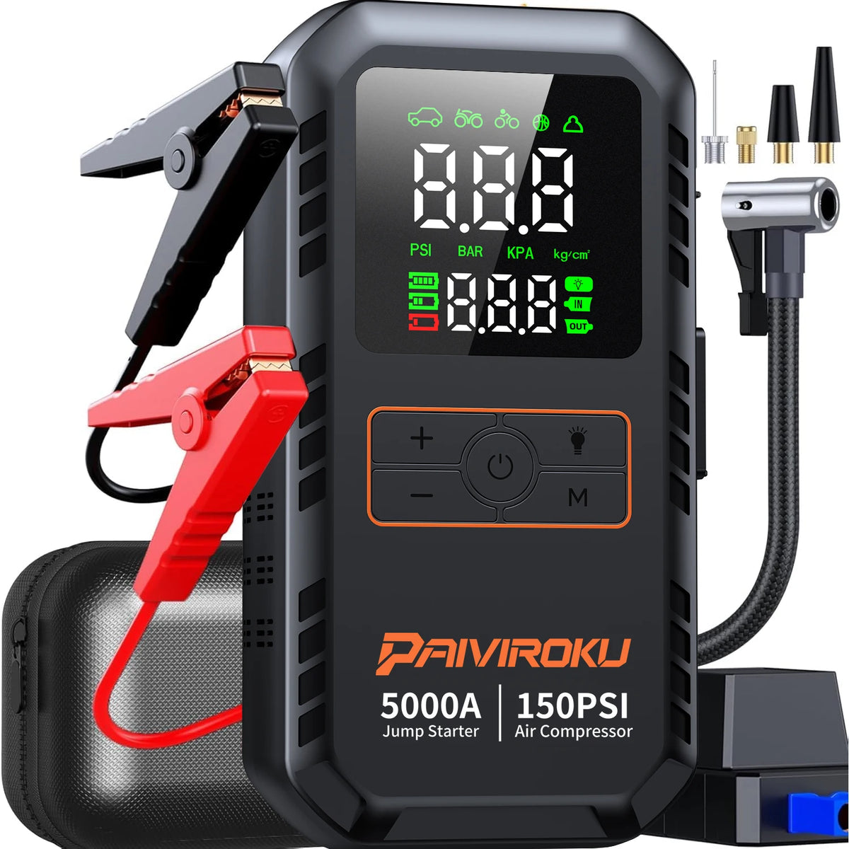 4-IN-1 Car Jump Starter with Air Compressor Peak 5000A Auto Battery Booster 150PSI Air Pump Portable Power Bank Tire Inflator