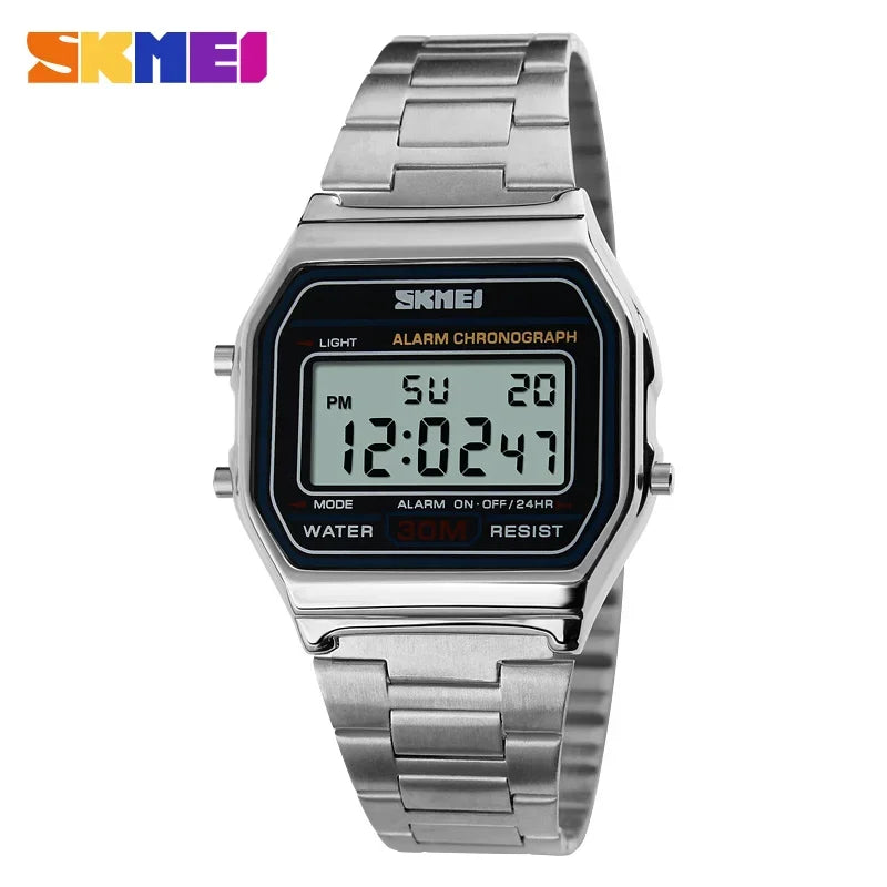 SKMEI 1123 Luxury Retro Digital Sports Watch for Men Stainless Steel Waterproof Mens Wristwatches Steel Clock 1328 Reloj Hombre